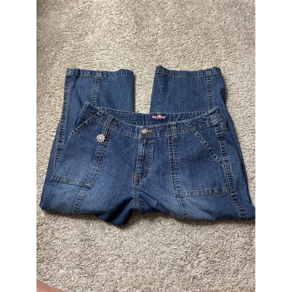 L.A. Blues Stretch Denim Wide Leg Crop Pants Seam Detail Medium Wash Womens 14